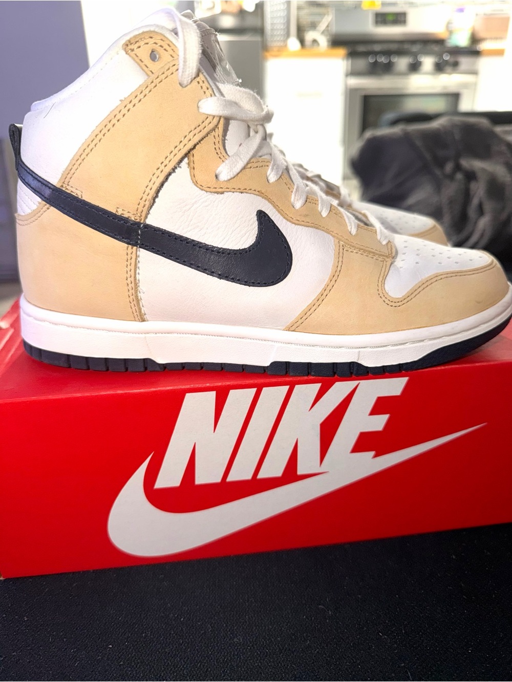 Nike Women’s High-Top Sneakers in White, Tan and Dark Obsidian Blue